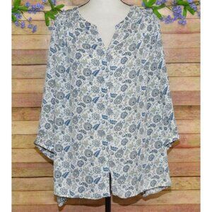 Rose + Olive Womens Blue Floral Button Up V-Neck Blouse Top Plus Size 2X Office
